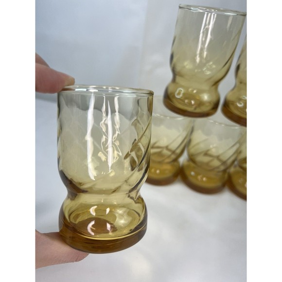 7 Of Vtg 70S Libbey Amber Drinking Glasses‎ MCM Swirled Ringed Bottom 8 Oz Glass - Picture 2 of 6